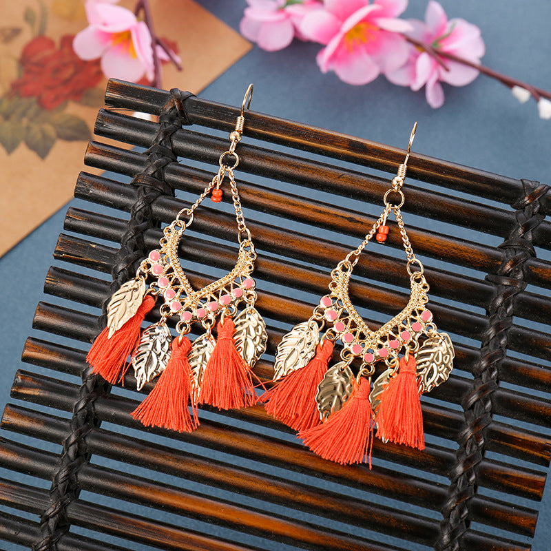 Retro Ethnic Style Long Tassel Earrings Women Leaves