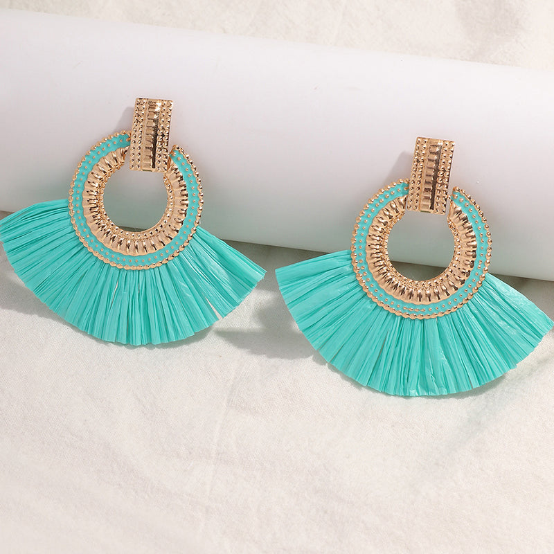 Alloy Fan-shaped Raffia Fringe Earrings