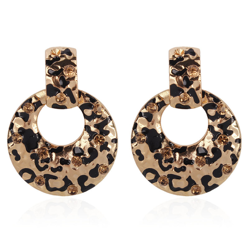 Metal leopard earrings with diamond hoop