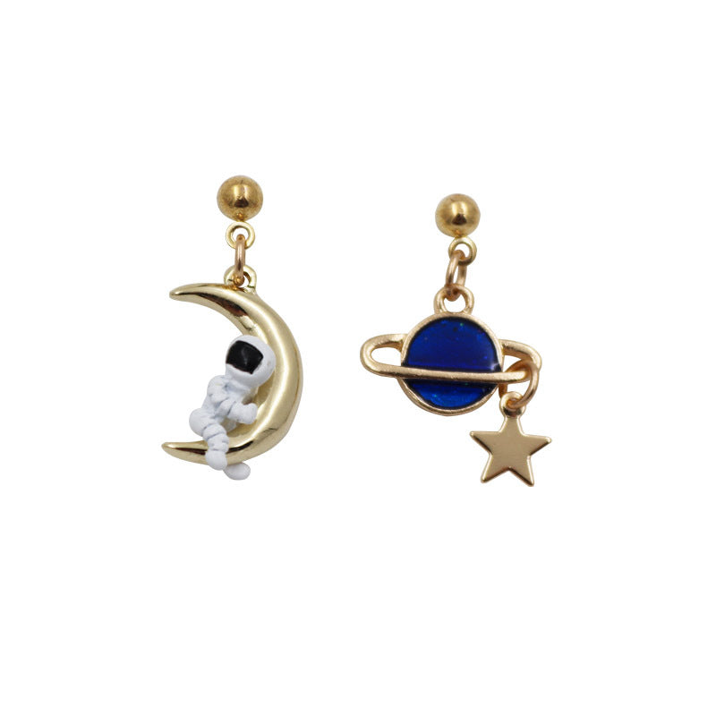 Moon Planet Astronaut Asymmetrical Stud Earrings