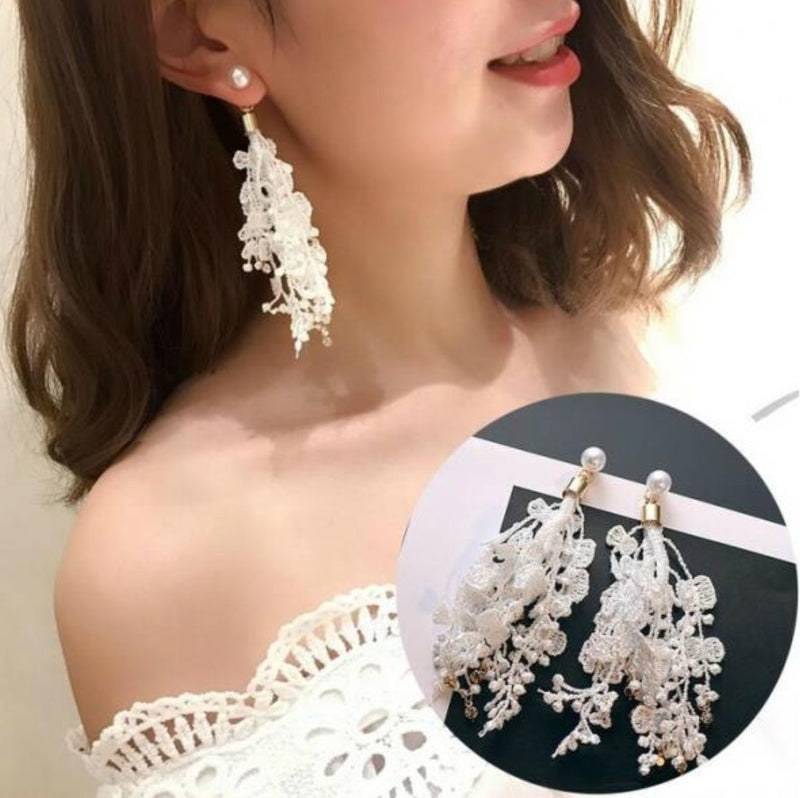 Fringed Lace Flower Rhinestone Pearl Long Earrings