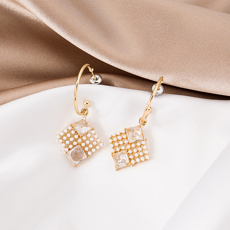 Long French Geometric Square Pearl Earrings