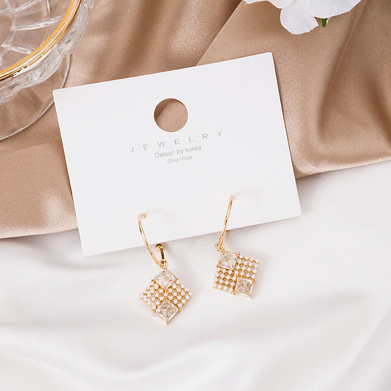 Long French Geometric Square Pearl Earrings