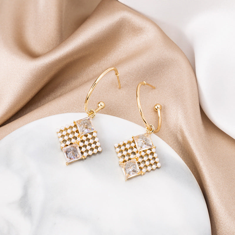 Long French Geometric Square Pearl Earrings