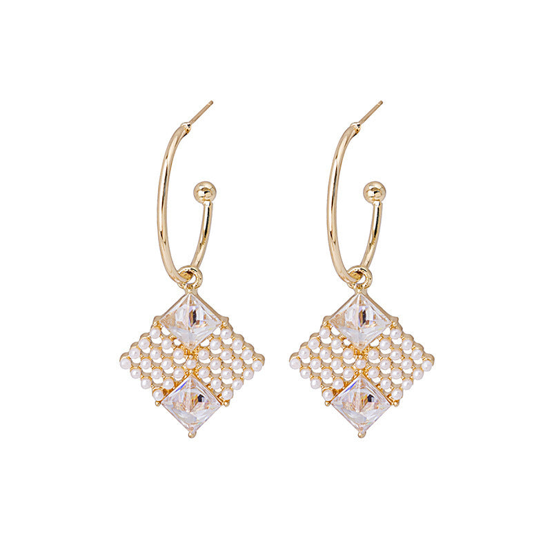 Long French Geometric Square Pearl Earrings