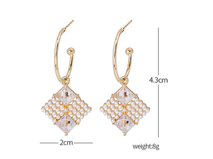 Long French Geometric Square Pearl Earrings