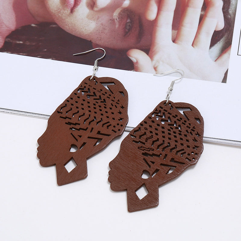 Exaggerated Fashion Wooden Beauty Head Earrings