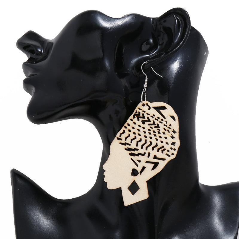 Exaggerated Fashion Wooden Beauty Head Earrings