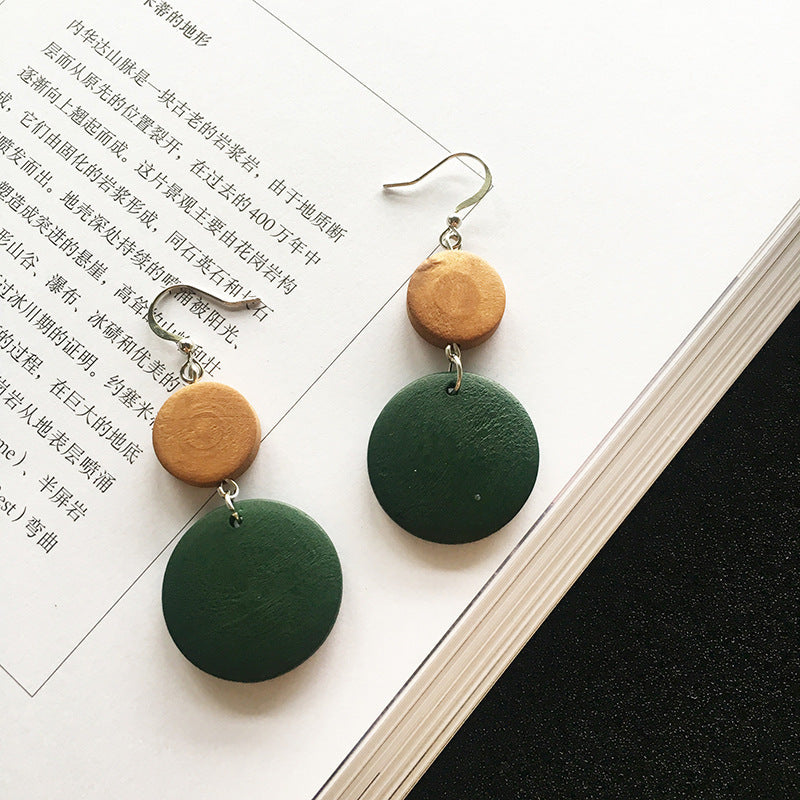 Korean Simple Earrings Retro Hit Color Geometric Wood Earrings Tassel Long Original Wood Earrings Female