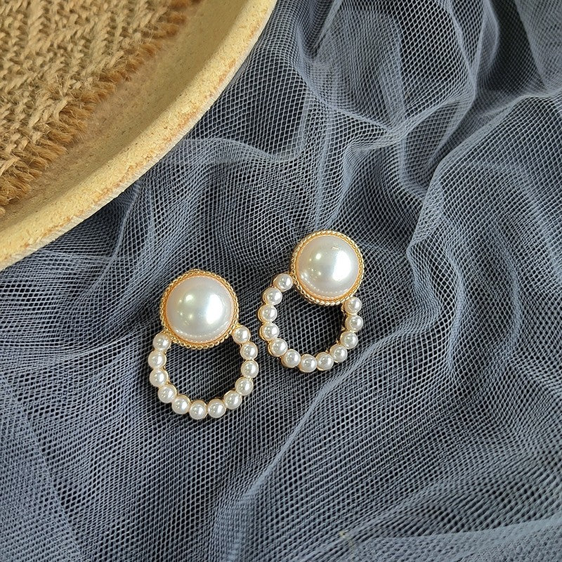 Qingdao Jewelry S925 Silver Needle Korean Sweet Pearl Earrings Temperament Geometric Round Fashion Design Earrings 158