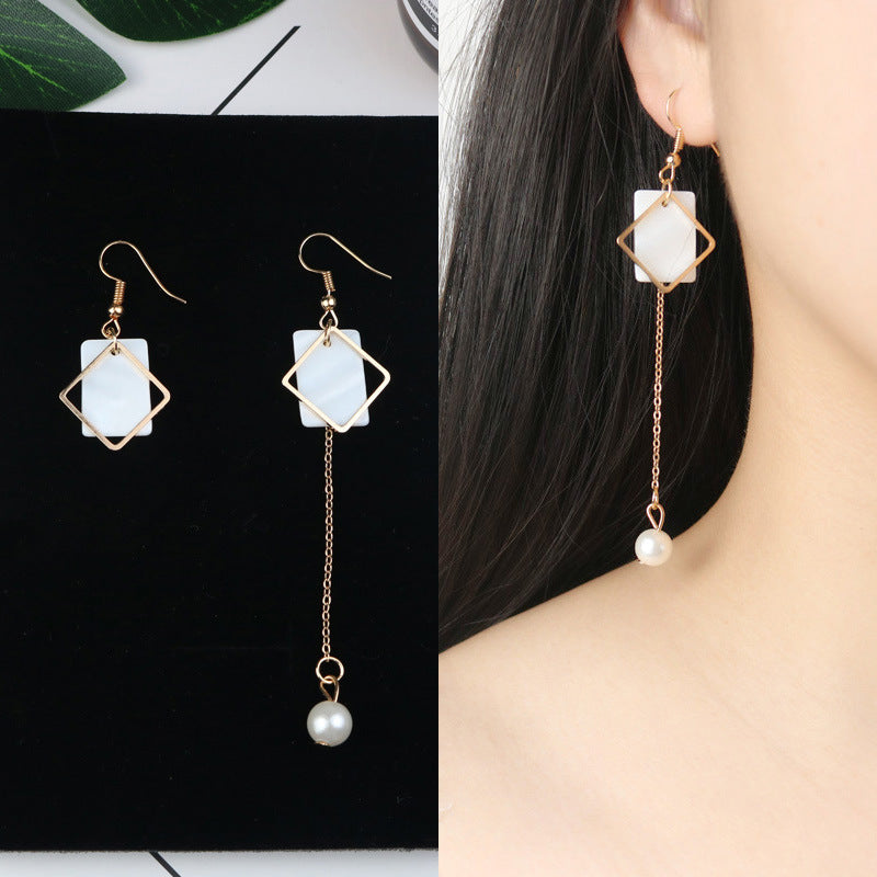 Long Tassel Earrings Square Pearl Asymmetric Earrings