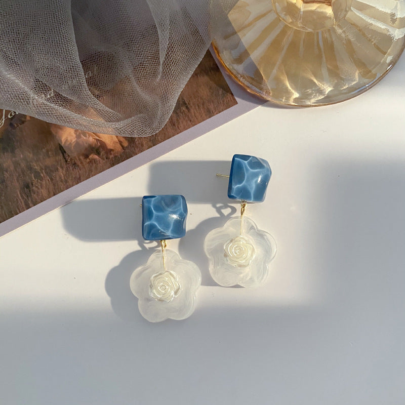 Blue Rose Flower Earrings With Super Resinous Studs