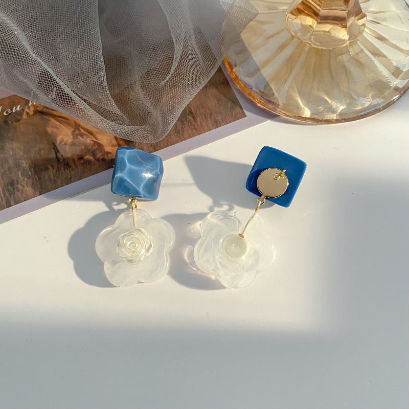 Blue Rose Flower Earrings With Super Resinous Studs