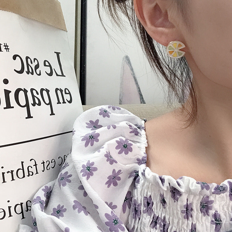 S925 Silver Needle Cold Wind Lemon Earrings Female Korean Temperament Net Red Earrings New Trendy Personality Earrings Female Simple