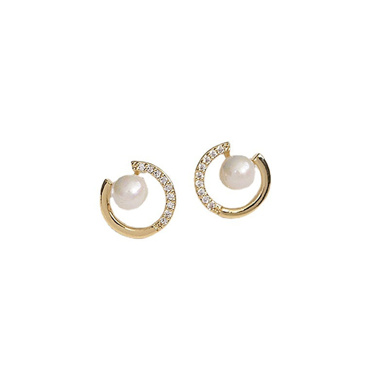 Simple C Shape Stud Earrings For Women Exquisite Pearl Round Crystal Jewelry