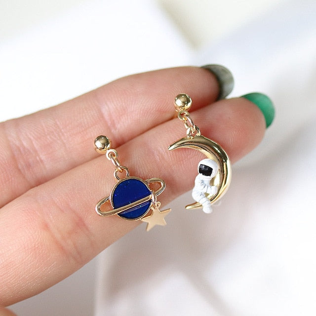 Moon Planet Astronaut Asymmetrical Stud Earrings