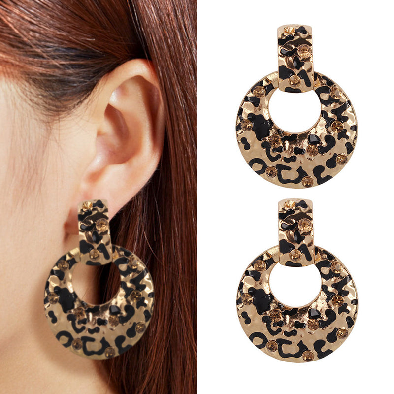 Metal leopard earrings with diamond hoop