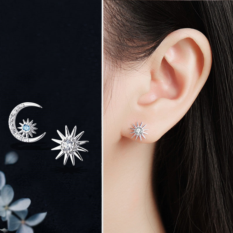 Blue Diamond Star And Moon Stud Earrings, Sweet Earrings For Girlfriends