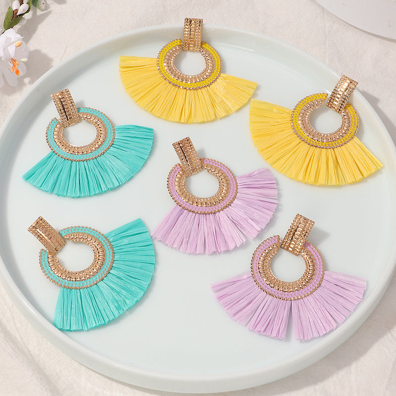 Alloy Fan-shaped Raffia Fringe Earrings