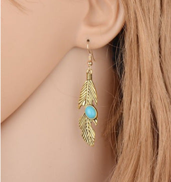 European And American Fashion Retro Feather-shaped Turquoise Earrings