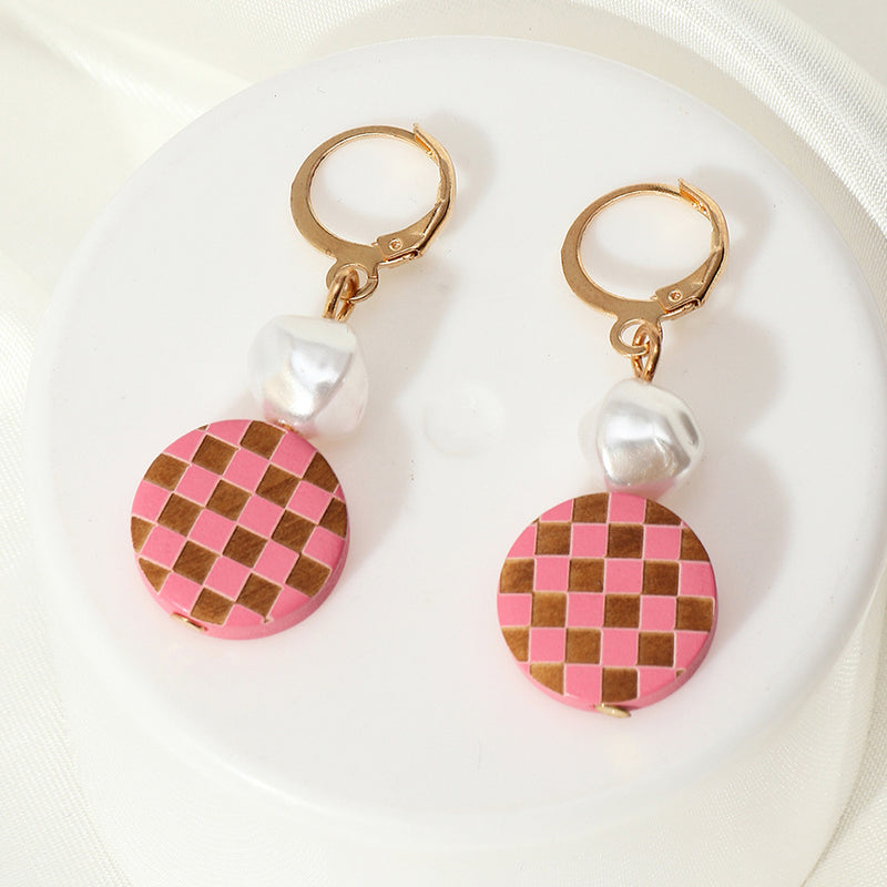 Round Checkered Earrings Temperament Pearl Earrings