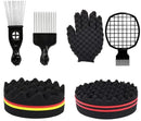 Hair Sponge Set,Afro Brush, Magic Curl Glove, Metal Pick Comb, and Twist Comb for Hairstyling (Black-6Pcs)