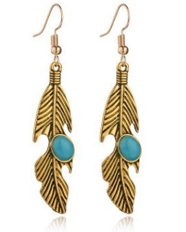 European And American Fashion Retro Feather-shaped Turquoise Earrings