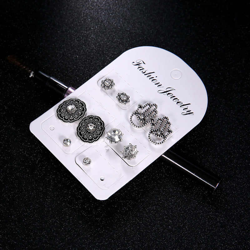 Vintage Engraved Diamond Inlaid Palm Flower Earrings 5 Pairs Set