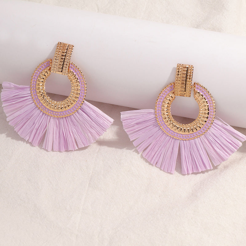 Alloy Fan-shaped Raffia Fringe Earrings