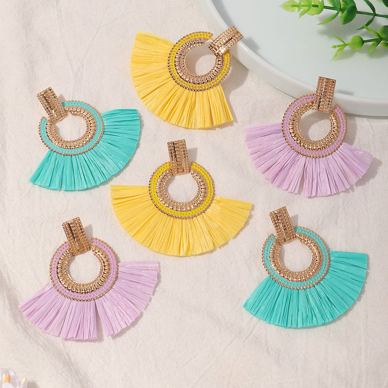 Alloy Fan-shaped Raffia Fringe Earrings