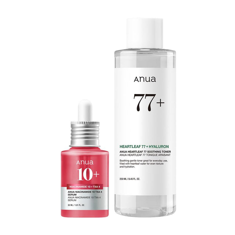 ANUA Glass Skin Prep Duo, 10% Niacinamide+4% Tranexamic Acid Serum & Heartleaf 77 Soothing Toner for Glow Skin, Hyaluronic Acid, Vitamin B12, Calming, Hydrating, pH Balance, Korean Skincare Set
