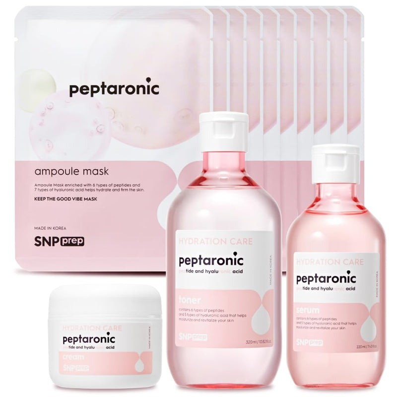 6 Peptides + 5 Hyaluronic Acid Skincare Set | 4-in-1 Kit of Toner, Serum, Cream & Sheet Masks | Moisturizing, Firming & Hydrating | Korean Skincare Set for Dry & Sensitive Skin | Peptaronic | Snp