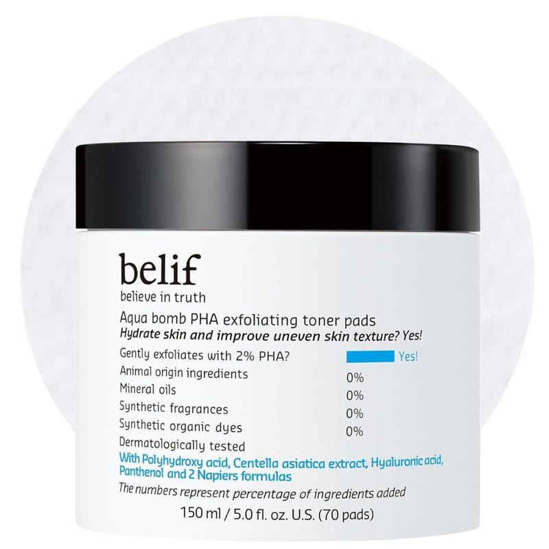 belif PHA 2% Toner Pads Gentle Exfoliating Facial Polish for Pore Care, Hydrating & Soothing with Panthenol & Cica, Double-Sided Texture, Ideal for Sensitive Skin, Korean Skincare (70 Pads)
