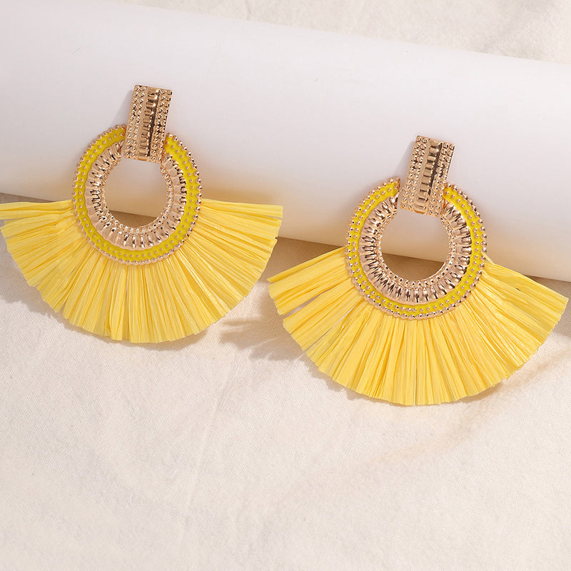 Alloy Fan-shaped Raffia Fringe Earrings