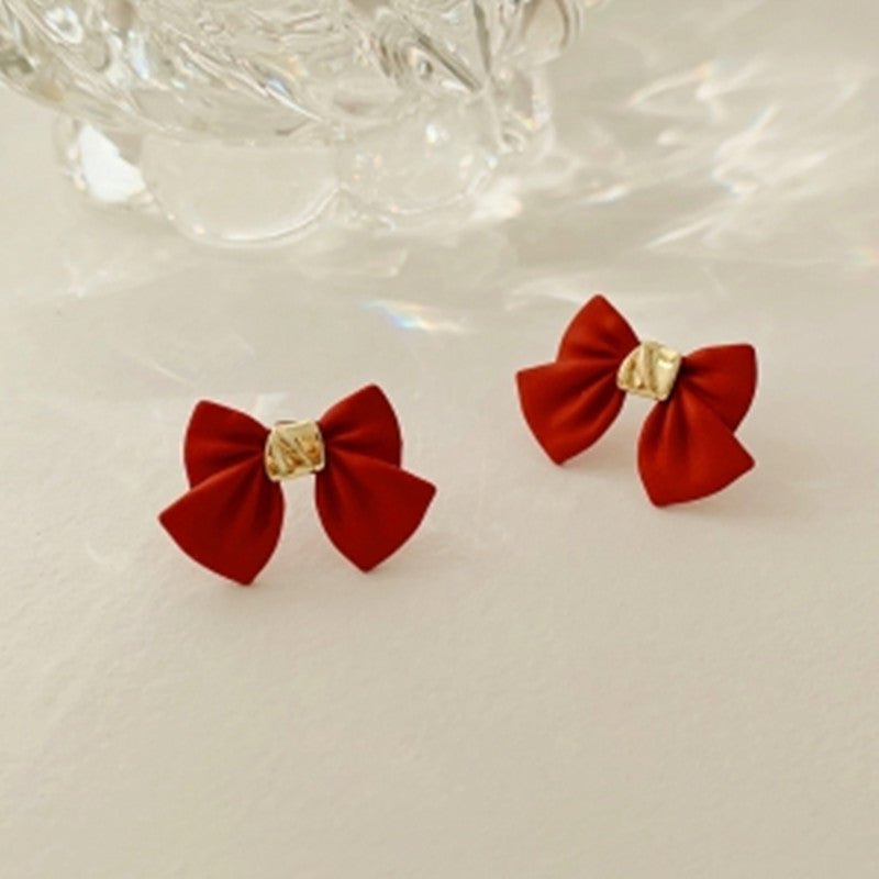 S925 Silver Needle New Black Red Bow Earrings