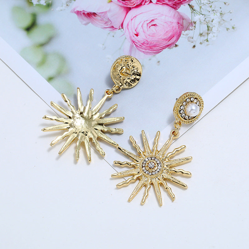 Sunflower Exaggerated Alloy Star Earrings With Diamonds