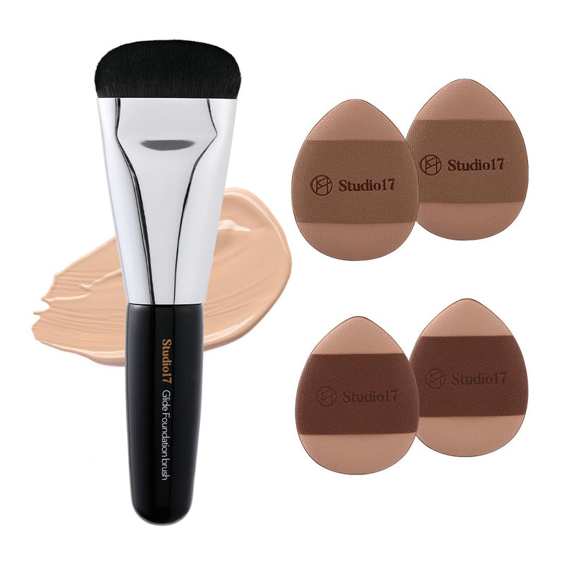 Flat Foundation Brush & Small Puff Set | Small Makeup Brush Set with 4 Mini Sized Puffs | Kit for Liquid Foundation Makeup for Base | 0.06mm Micro Synthetic Bristle & Case Pack Included