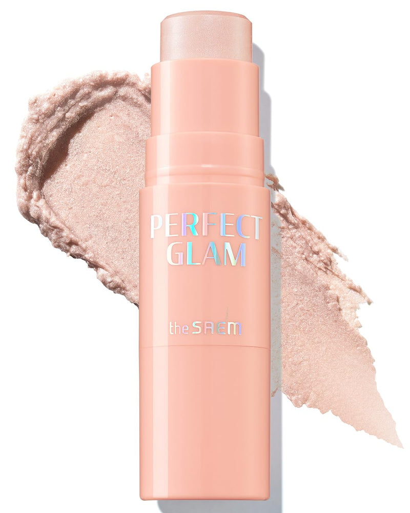 THESAEM Perfect Glam Stick Blusher with Blending Sponge WH01 Aurora Wave - Luxurious Soft Melting Balm Highlighter with Shea Butter and Ceramide NP, Natural Radiance Glow Makeup, 0.2oz.