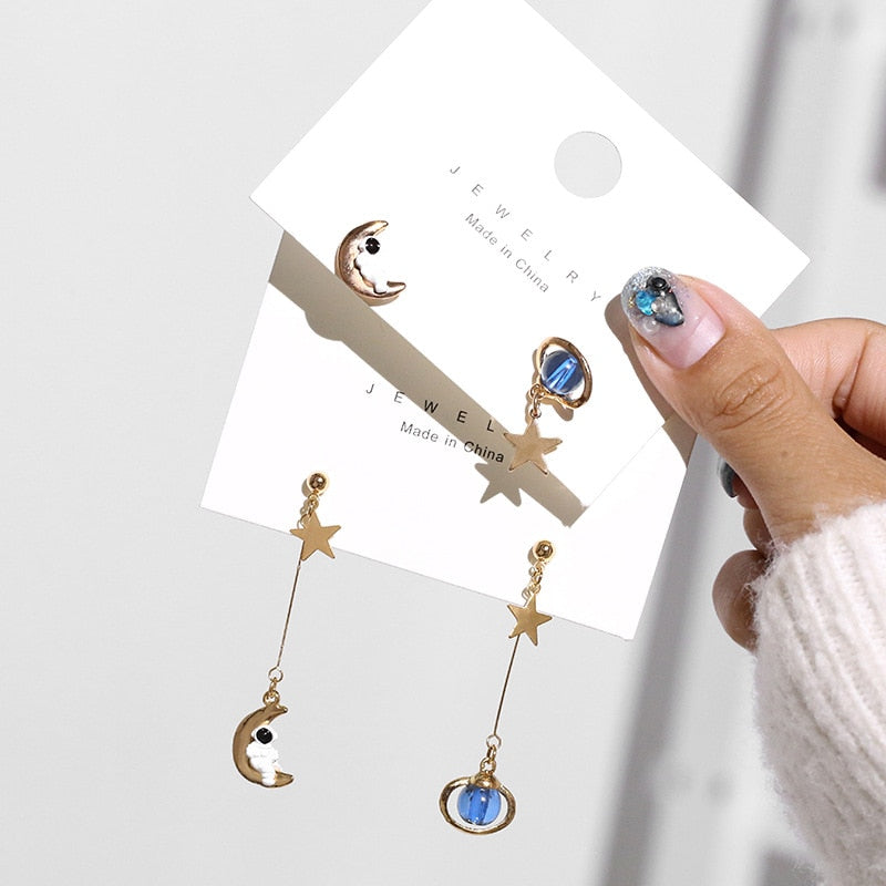 Moon Planet Astronaut Asymmetrical Stud Earrings