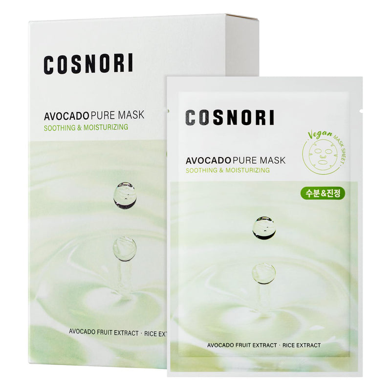 COSNORI AVOCADO PURE SHEET MASK (10pc) - Clean, Hydrating and Soothing for Dry skin, Korean Face Mask- Avocado Extract, 0.81oz x 10pc