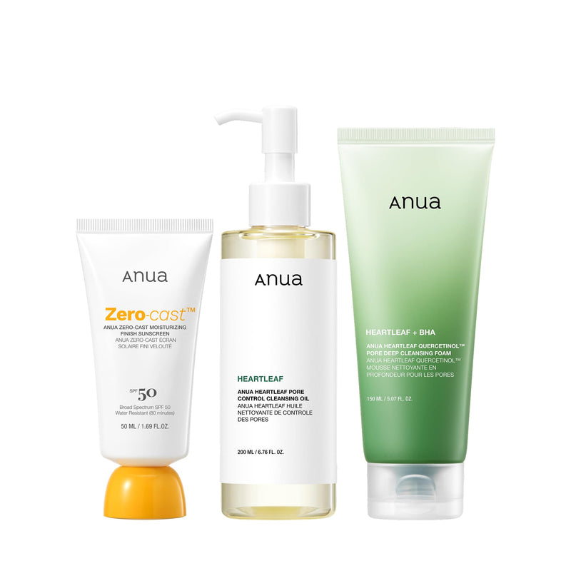 ANUA After sun care trio set, Heartleaf Cleansing Foam+ Zero-Cast Moisturizing Finish Sunscreen, Heartleaf Pore Control Cleansing Oil, Face wash, Oil Cleanser, Facial sunscreen, Korean skincare set