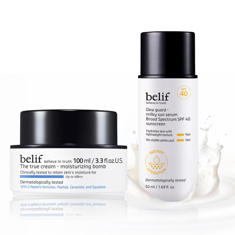 belif Ceramide & Sun Serum Duo Moisturizing Bomb 100ml + Milky Sun Serum SPF 40 | 48hr Hydration, Barrier Repair, Lightweight UV Defense, Korean Skincare Set