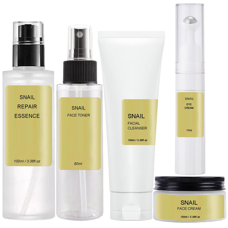 All About Snail Mucin Kit - Snail Korean Skincare 5-Pack, Snail Skin Care Products Set: Face Gel Cleanser, Serum, Cream, Toner, Eye Cream Facial Kit for Women & Men Hydrating & Anti-Aging