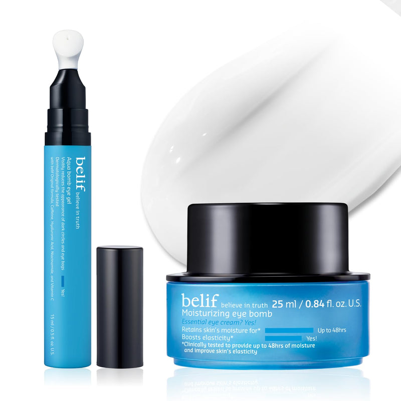 belif Peptide Eye Bomb & Cooling Eye Gel Duo Rich Firming Anti-Aging Eye Cream + Lightweight Caffeine Hydrating Gel for Fine Lines, Puffiness & Tired Eyes Korean Skincare Set