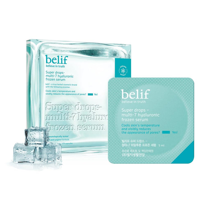 belif Super Drops Multi-7 Hyaluronic Frozen Serum - Hydrating, Soothing, Depuffing Serum with Peptides & Caffeine, Enhances Skin Elasticity, Korean Skincare, 5mlx9EA