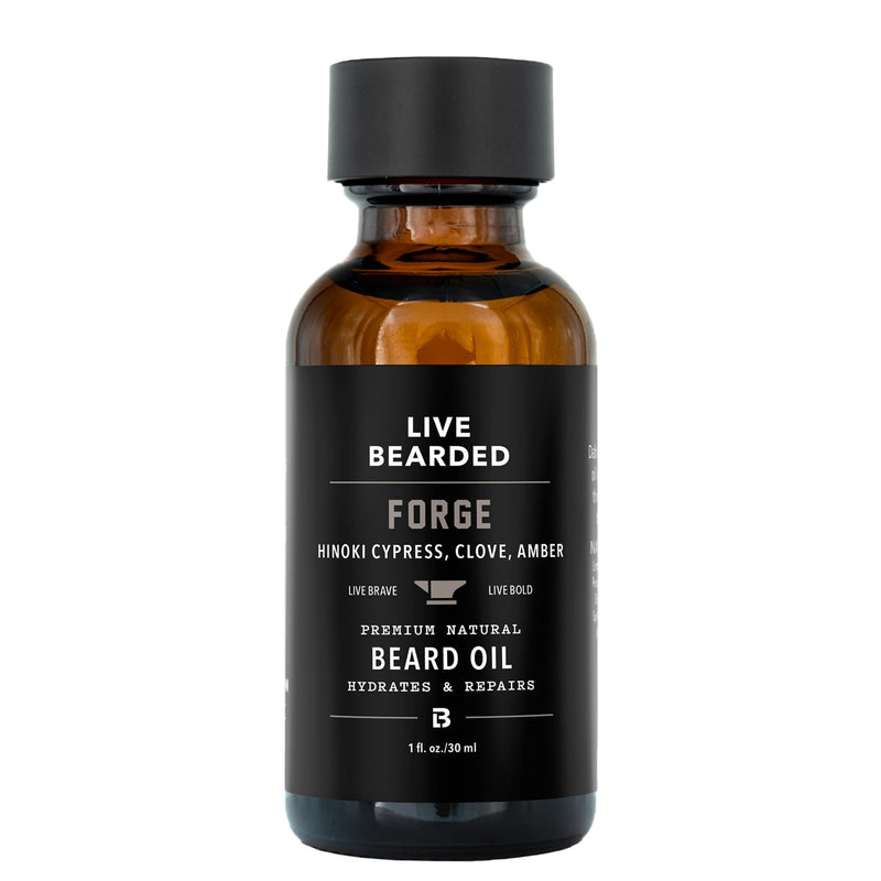 Live Bearded Beard Oil, 1 fl oz - Premium All-Natural Jojoba - Made in the USA - Hair and Skin Care for Men with Dry, Flaky Patches | Forge Scent - Hinoki Cypress, Clove, Amber