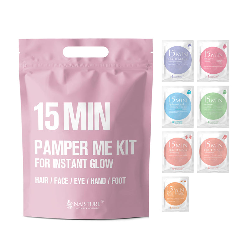 15 Min Pamper Me Kit by Naisture Korean Spa and Skincare Kit for Women with Hair Mask, Hand and Foot Masks, Eye Mask, and Face Masks