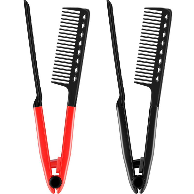 2 Pieces Flat Straightening Comb Salon Hair Brush Comb Hairdressing Styling Straightener V-shaped Straight Straightener(Red, Black)