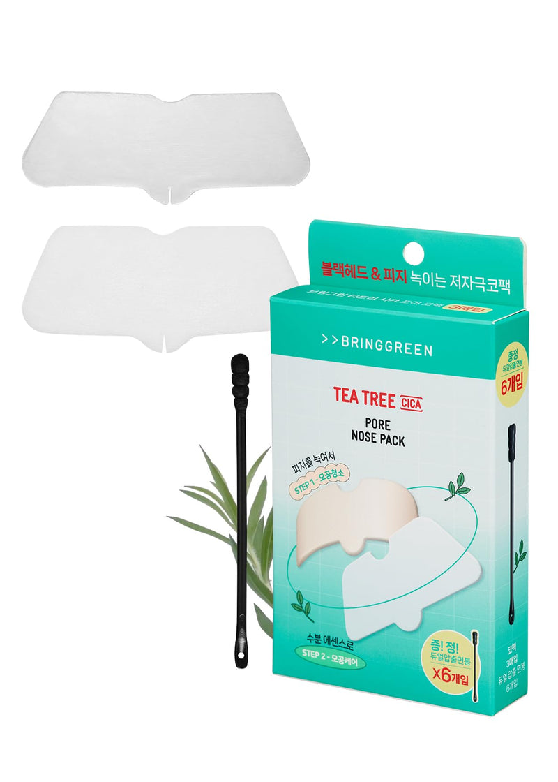 BRING GREEN Tea Tree Cica Pore Strip (3-Pack) with 6 Compressed Cotton Swabs | Deep Pore Cleansing & Blackhead Removal | Non-Comedogenic, Vegan Nose Strips for Oily & Sensitive Skin