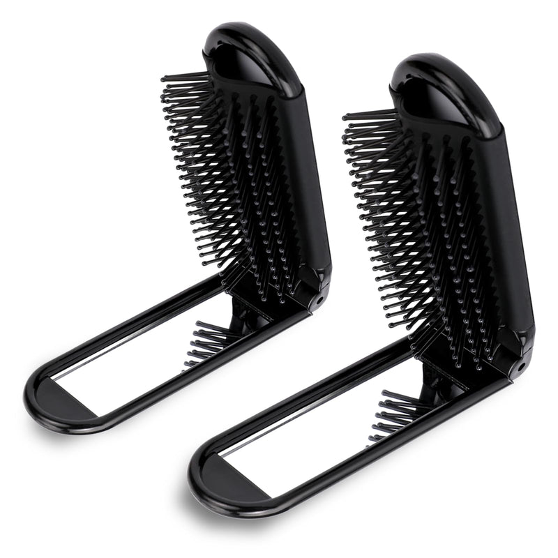 2 Pcs Foldable Hair Brush with Mirror Portable Travel Hair Brush Pocket Size Anti-static Mini Hairbrush Small Compact Massage Comb Hair Styling Tools for Women Girls Home Travel Gym Purse (Black)